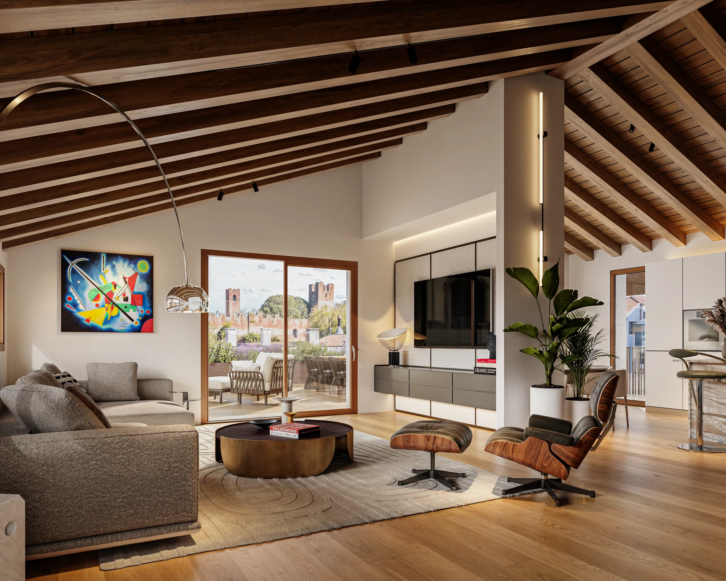 Render del living di un Attico Oltremura con travi a vista e accesso alla terrazza