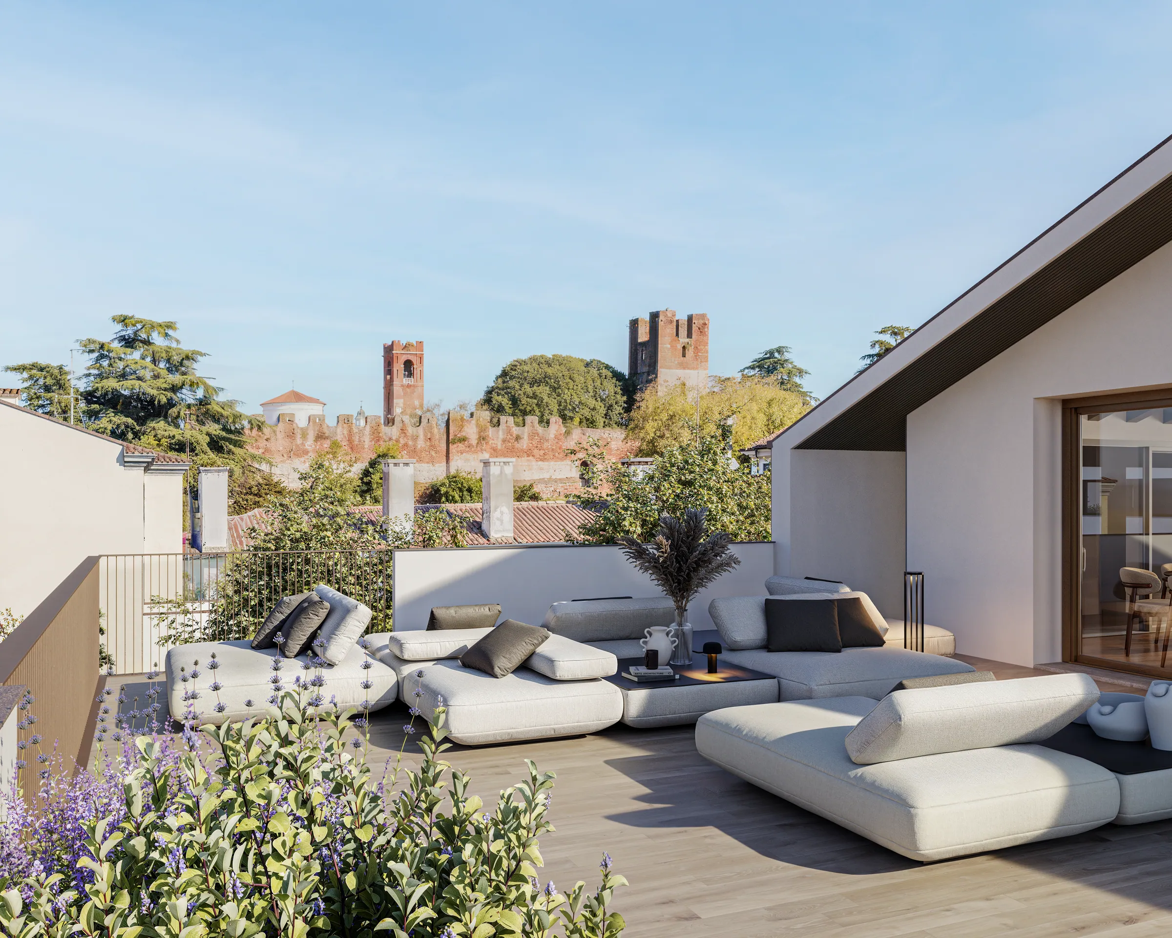 Render di una terrazza degli Attici Oltremura con vista rappresentata verso le mura