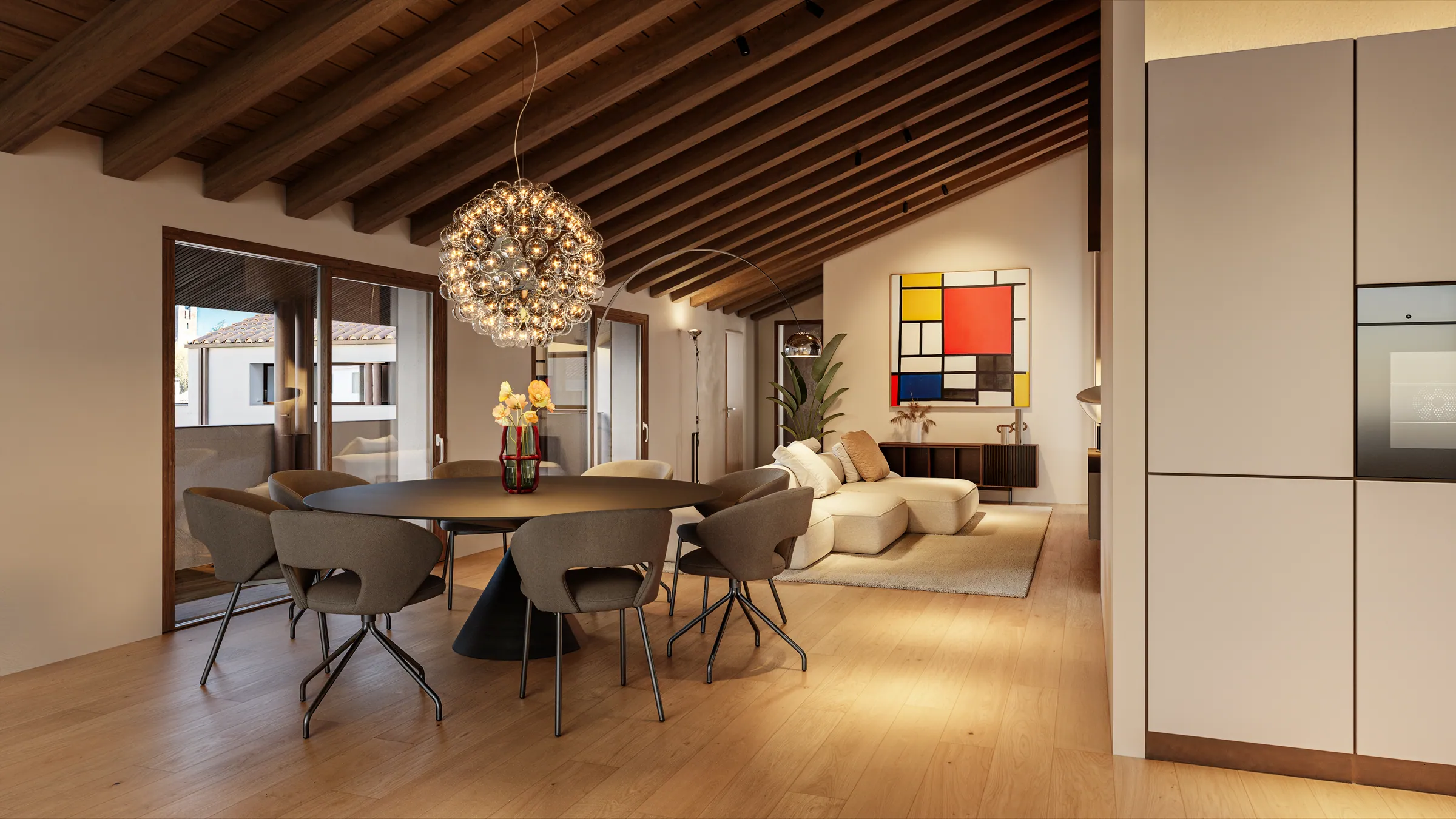 Render della zona pranzo e soggiorno di un Attico Oltremura