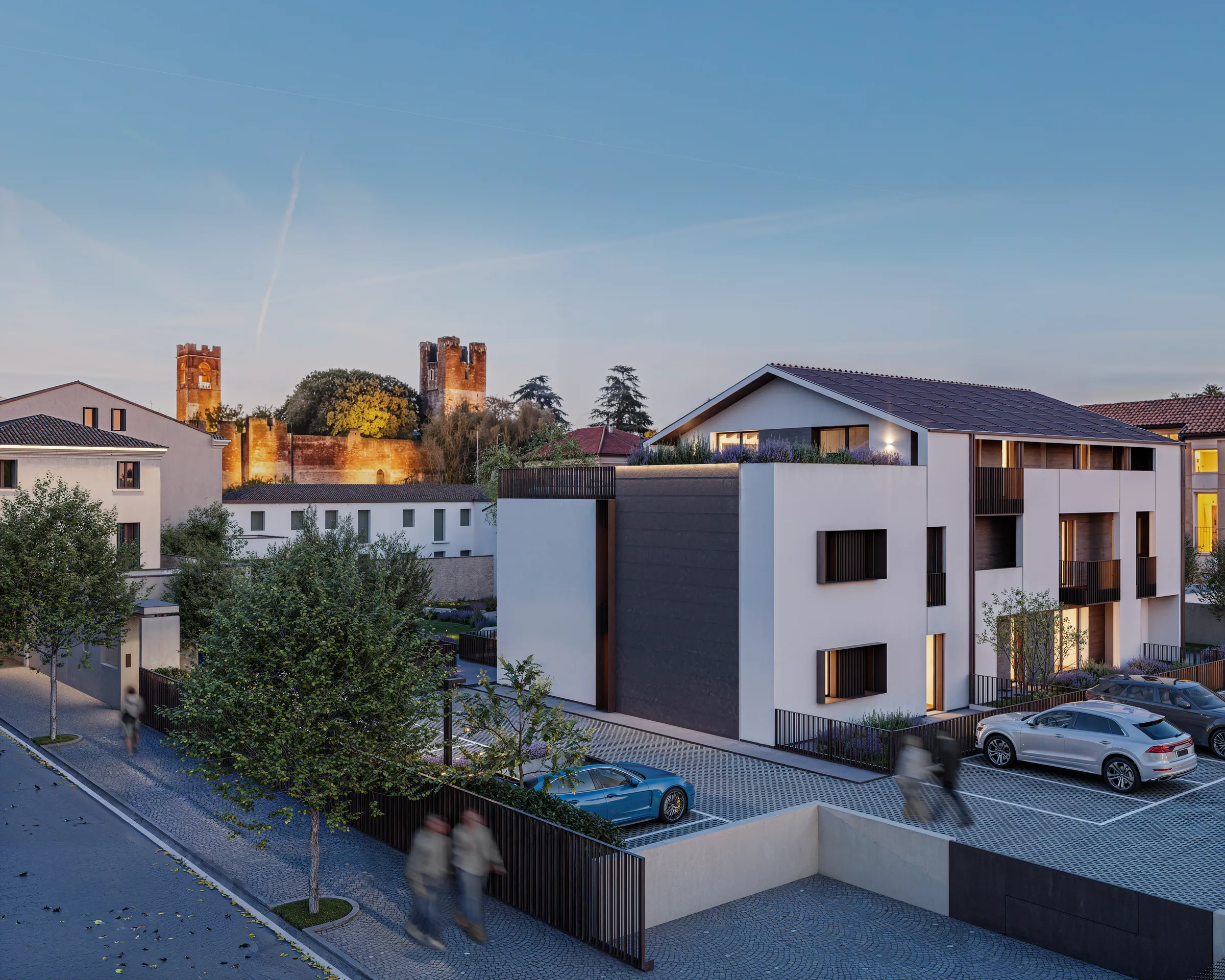 Vista serale dell’architettura di Residence Oltremura in Borgo Vicenza