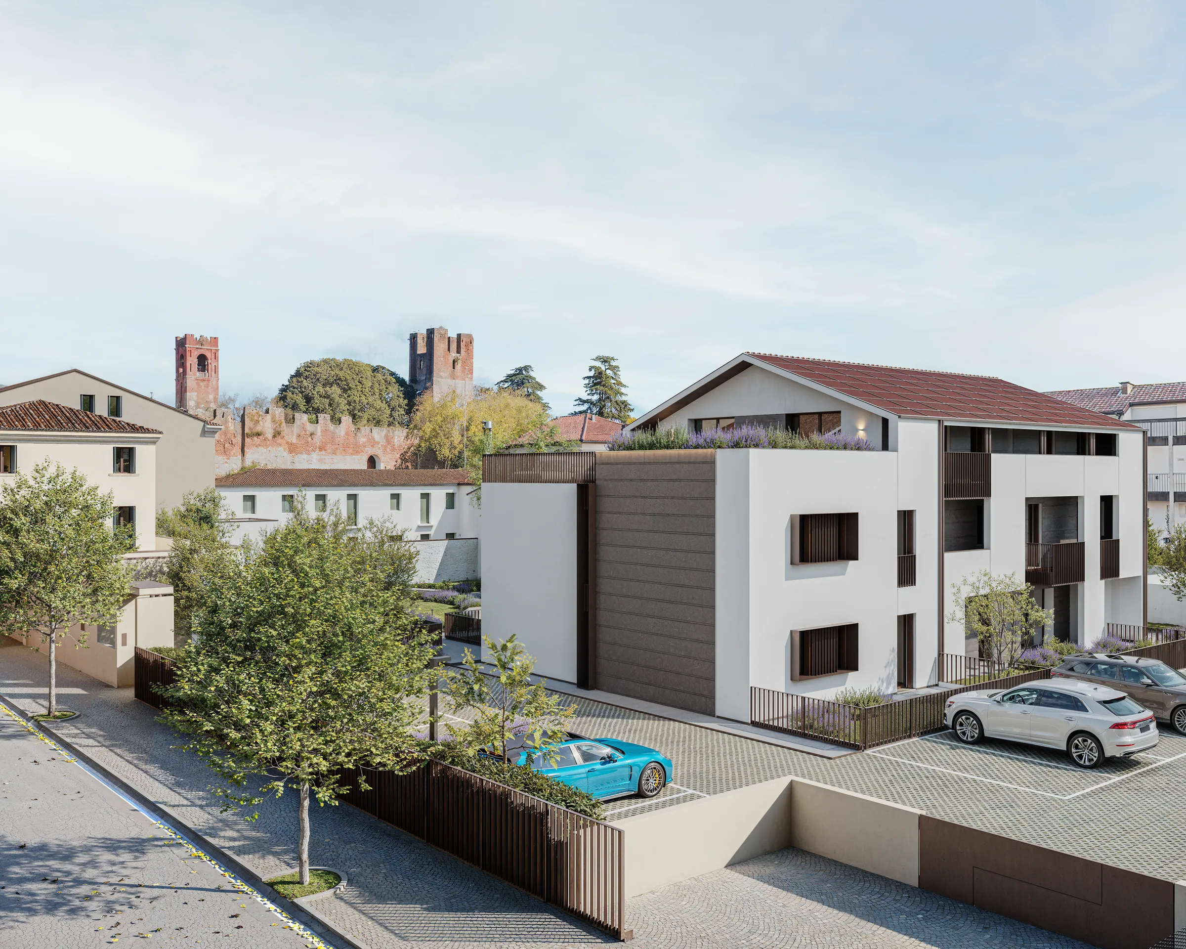 Render di Residence Oltremura con le mura di Castelfranco Veneto sullo sfondo